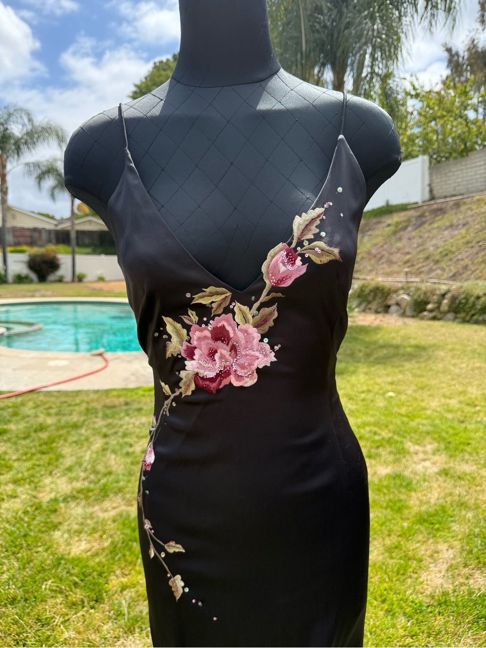 Vintage Mandalay Black Midi Dress w/ Pink Floral Embroidery, Sequins & Beading